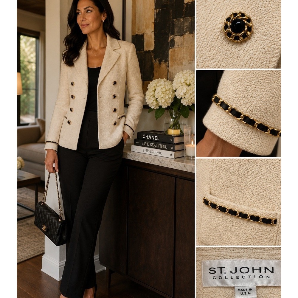 St. John Collection Cream Knit Jacket Gold Chain Trim Button Blazer Size 12 USA